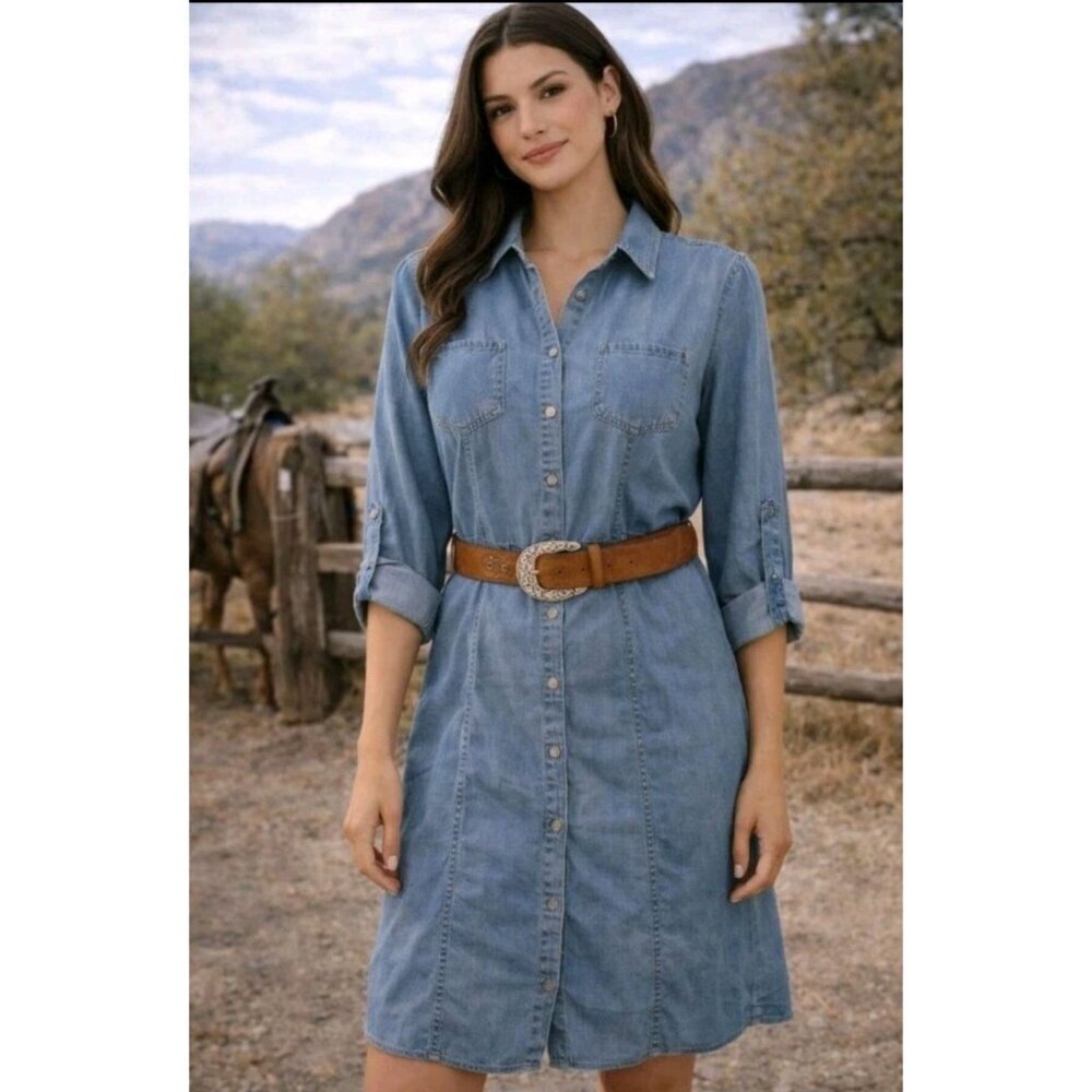 Coldwater Creek Denim Shirt Dress Cowgirl Western Rodeo School Roll Tab Size 14